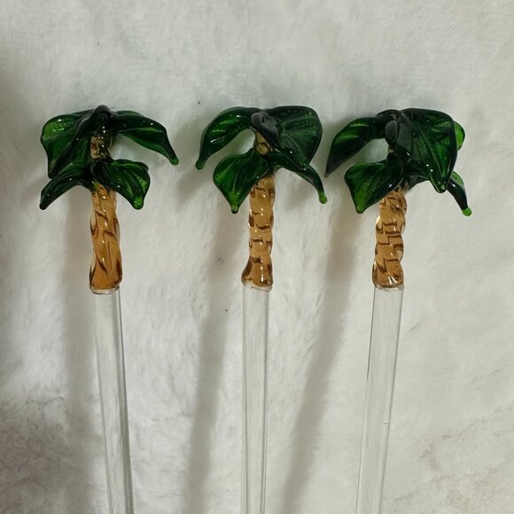 Set Of 3 Vintage Handcrafted Glass Palm Tree Drink Cocktail Stirrers tiki - Picture 2 of 8